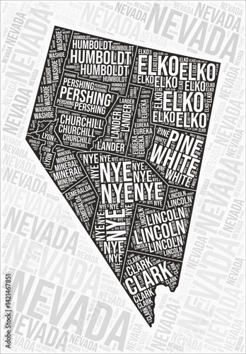 Nevada counties map word cloud. Nevada region names. Black and white map design. Classy vector illustration.
