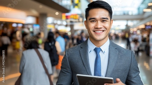 Wallpaper Mural Confident businessman in airport terminal, holding tablet, smiling at camera Torontodigital.ca