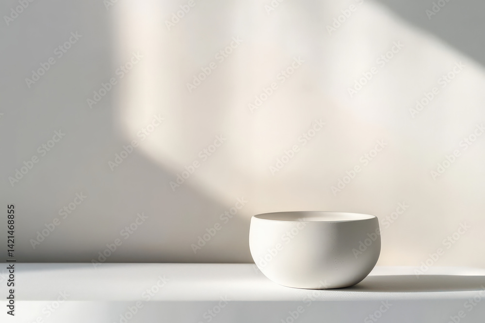 Minimalist white ceramic bowl on bright surface with soft shadows and copy space Minimalist white ceramic bowl on bright surface with soft shadows and copy space