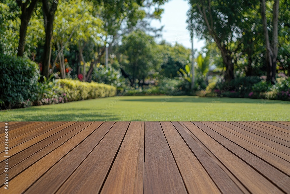 Lush garden with wooden deck Lush garden with wooden deck