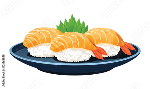 Sushi Salmon on Plate - Vector Illustration