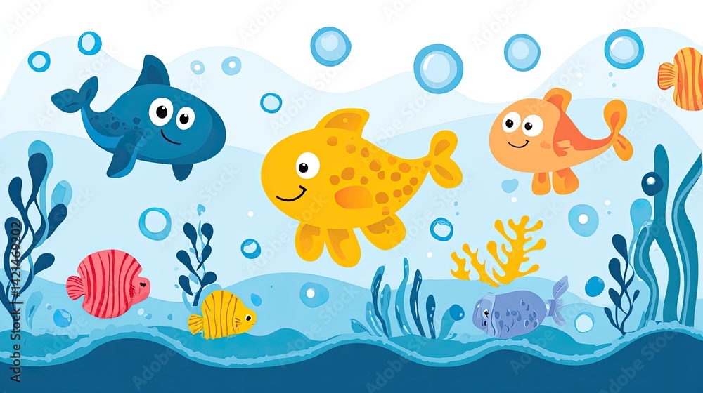Naklejka premium Underwater World: Colorful Fish and Sea Life Cartoon Illustration