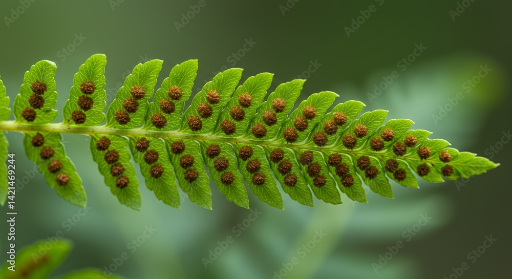 Naklejka premium Detailed Botanical Real Shot of Fern Dryopteris Filixmas Depicting Sorus Patterns in Macro Green Foliage and Brown Spores