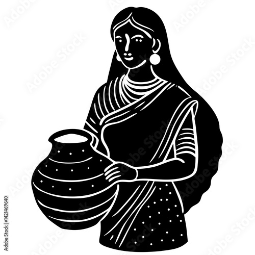 girl with a pot vector silhouette illustration isolated on white background