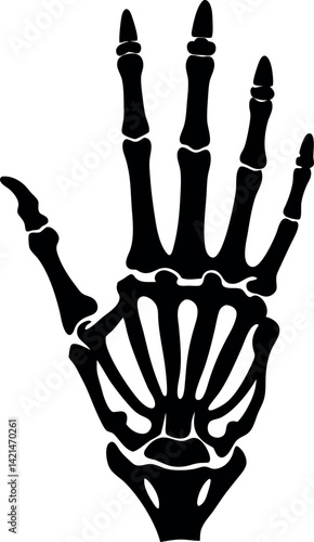 Skeletal Hand Illustration, Black Silhouette, Anatomy, Bones, Fingers, Palm On White