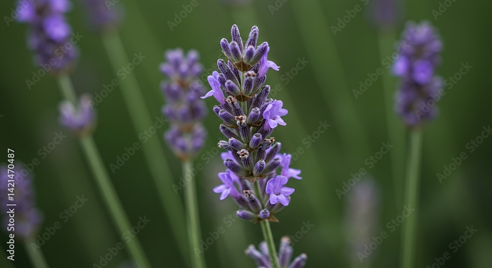 Obraz premium Detailed Botanical Real Shot of Lavender Lavandula Angustifolia Showing Purple Flower Clusters Against Blurred Greenery in Daylight