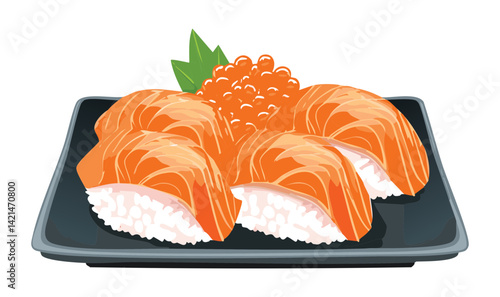 Sushi with salmon on Plate - Vector Illustration