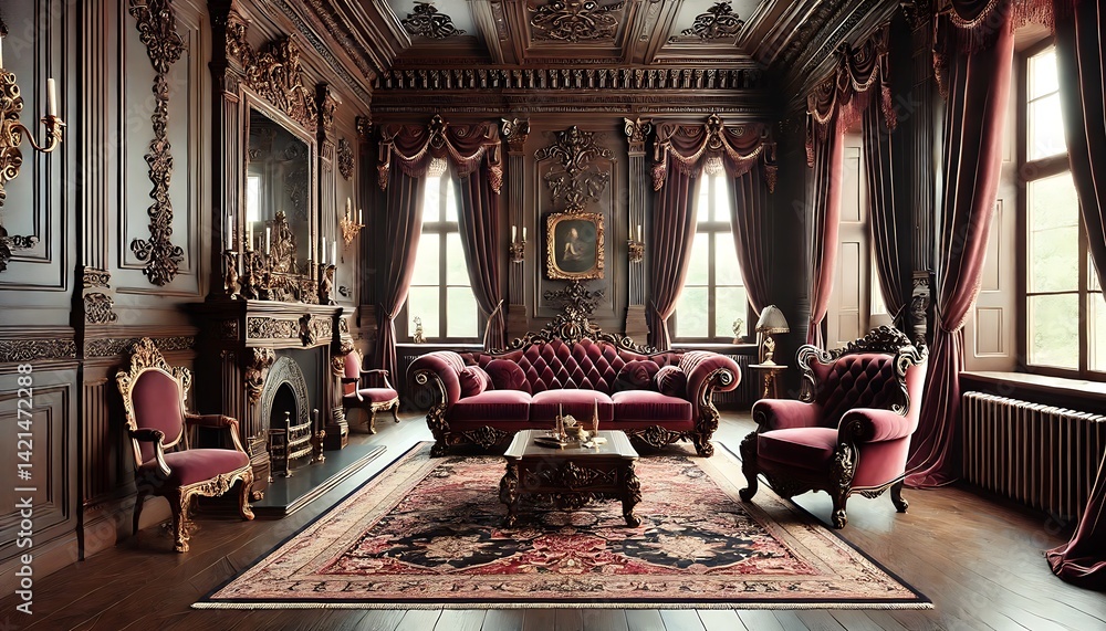 Fototapeta premium Victorian-style living room featuring a plush velvet sofa in rich burgundy, set against dark wooden. Generative AI
