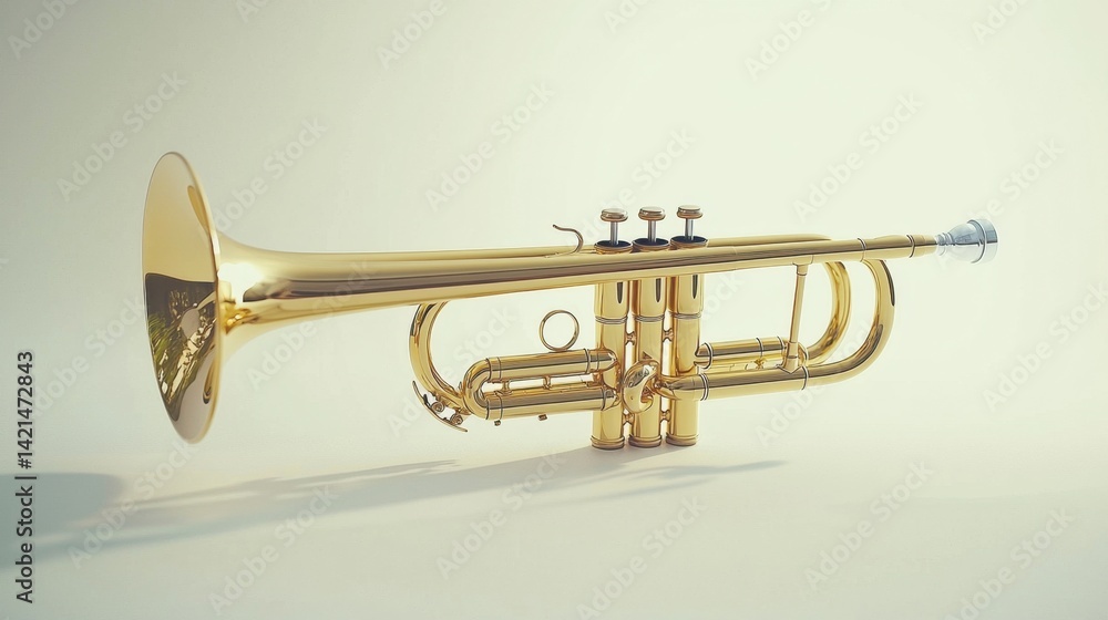 Obraz premium Golden trumpet resting on a neutral background, showcasing its shiny finish and intricate design details