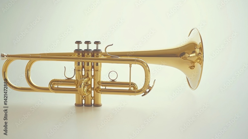 Fototapeta premium Gold trumpet resting on a smooth surface, reflecting light in a simple and elegant setting