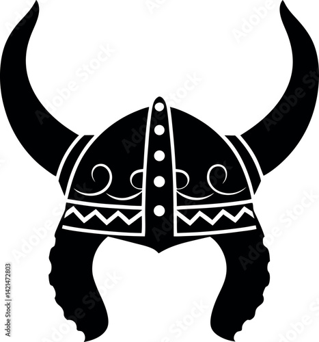 Viking Helmet Silhouette with Horns, Ornamentation, and Traditional Design Isolated