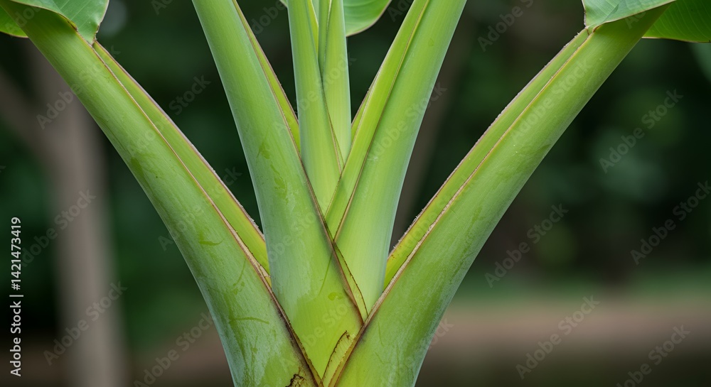 Obraz premium Detailed Botanical Shot of Banana Musa Acuminata Plant Showing Green Stem Structure and Leaf Arrangement