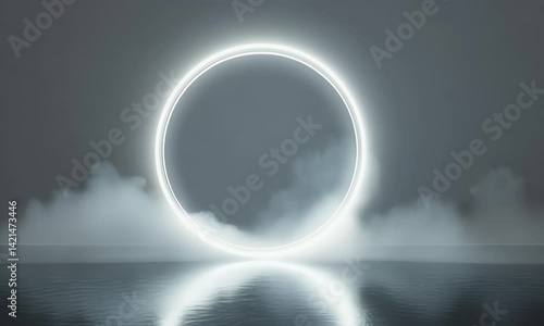  An abstract cloud illuminated with a neon light ring on a dark background, with white mist and fog over the water surface