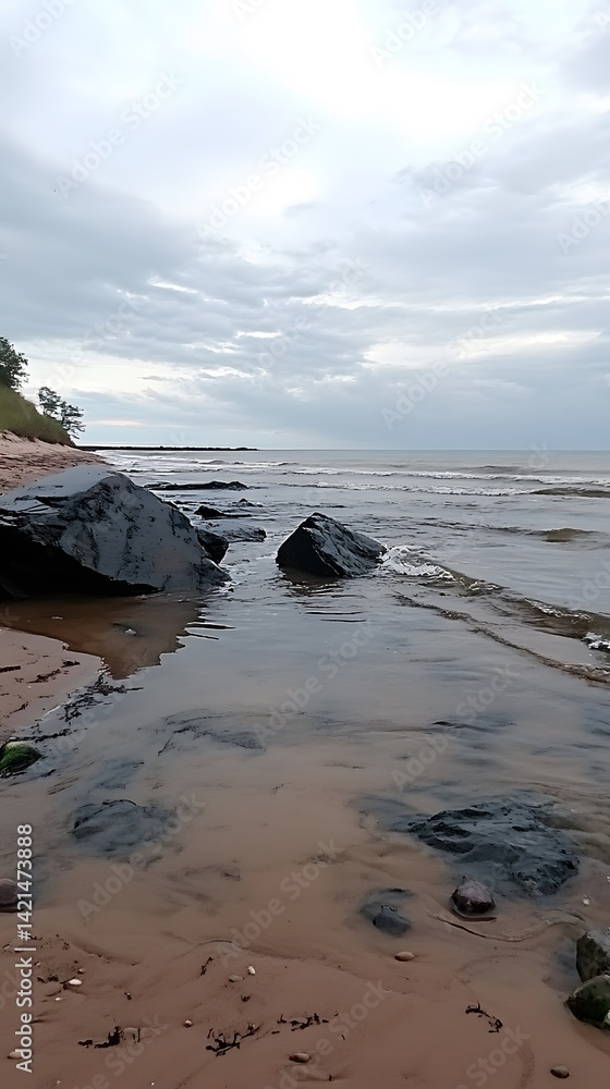 Fototapeta premium Serene Coastal Scene Dark Rocks Sandy Beach Calm Ocean Waves Cloudy Sky