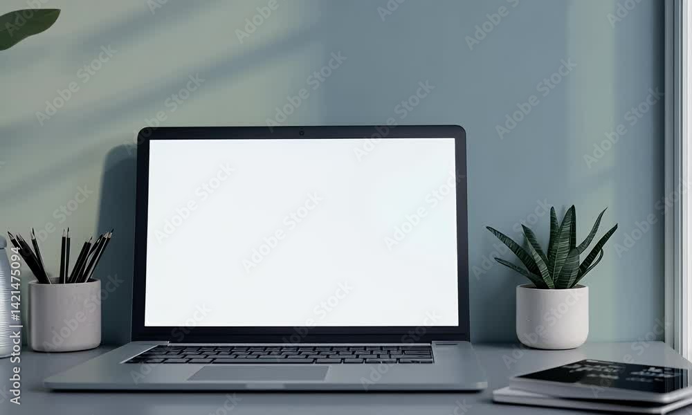 A mockup of a blank-screen laptop on the desk, in a modern office with plants, light blue wall background, close-up shot A mockup of a blank-screen laptop on the desk, in a modern office with plants, light blue wall background, close-up shot