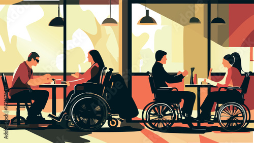 Motorized wheelchair user at a restaurant, dining with friends.eps