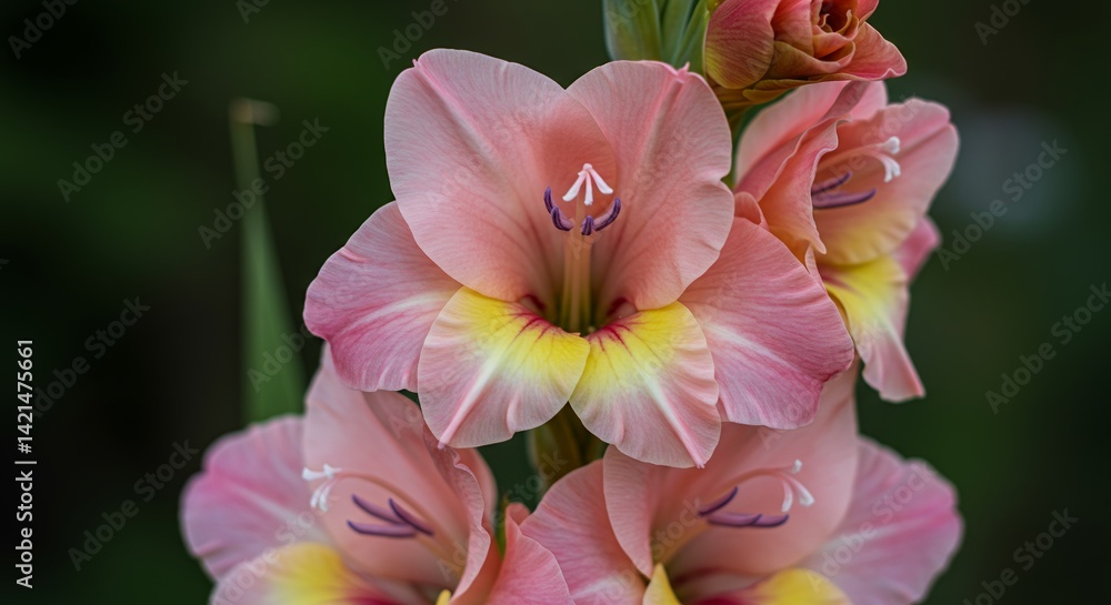 Obraz premium Detailed Close Up of Light Pink Gladiolus Hortulanus Flower Showing Floral Spikes and Intricate Petals with Vibrant Yellow Accents in a Real Shot for Botanical Beauty
