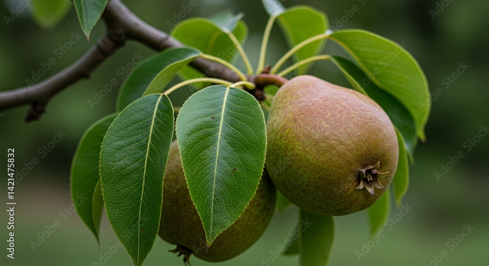 Detailed Close Up of Pears Pyrus Communis Branch Showcasing Leaf Structure and Fruit Morphology on Blurred Green Background for Botanical Study and Agricultural Resources Detailed Close Up of Pears Pyrus Communis Branch Showcasing Leaf Structure and Fruit Morphology on Blurred Green Background for Botanical Study and Agricultural Resources