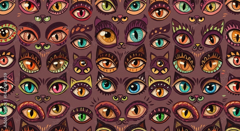 Fototapeta premium Whimsical Cat Eyes Seamless Pattern Colorful Psychedelic Artistic Feline Illustration