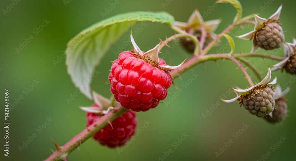 Detailed Close Up Of Ripe Red Raspberries On Thorny Stem With Lush Green Foliage Highlighting Natural Texture And Sepals In A Botanical Setting Perfect For Agriculture And Healthy Eating Detailed Close Up Of Ripe Red Raspberries On Thorny Stem With Lush Green Foliage Highlighting Natural Texture And Sepals In A Botanical Setting Perfect For Agriculture And Healthy Eating