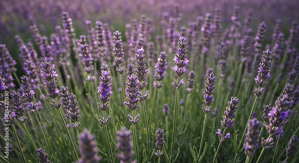 Naklejka premium Detailed Lavender Lavandula Angustifolia Field with Blooming Flower Clusters in Natural Light Showcasing Floral Details Aromatic Scenery Natural Purple Hues Perfect for Decoration