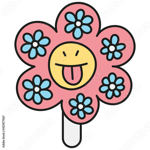groovy ice cream, groovy boho popsicle in doodle color line style. Playful flower design with a smiling face and colorful petals.