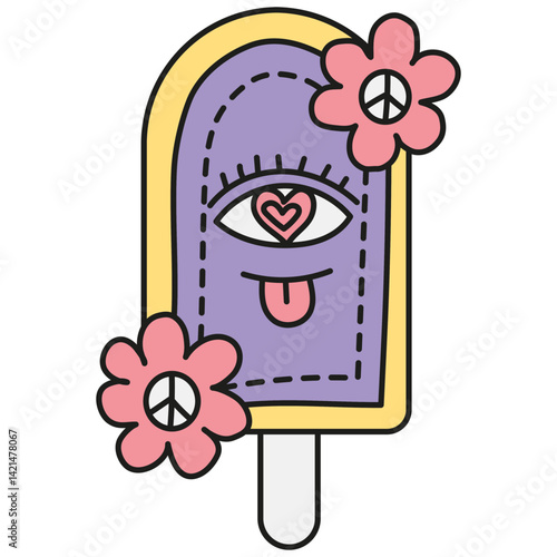 groovy ice cream, groovy boho popsicle in doodle color line style. Playful ice cream pop with eye and flowers design.