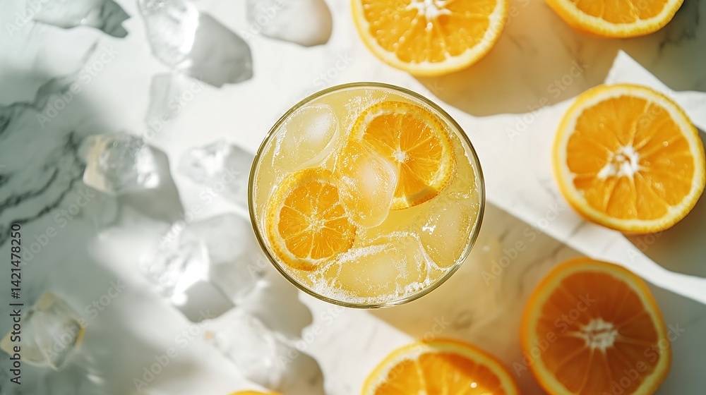 Refreshing orange summer drink with ice cubes on marble top cold soda view food cool juice fizzy Refreshing orange summer drink with ice cubes on marble top cold soda view food cool juice fizzy