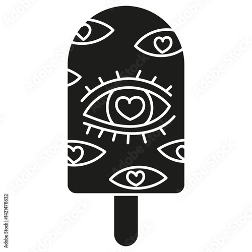 groovy ice cream, groovy boho popsicle in doodle glyph style. Colorful ice cream pop with eye and heart designs on a blue background.