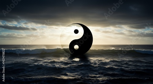 Yin Yang Symbol Over Ocean at Sunset