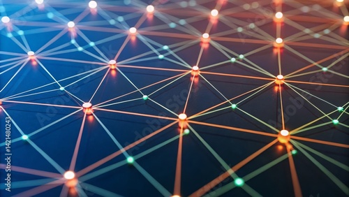 LLM Neural Network Model. A vibrant, abstract network of interconnected lines and glowing nodes, representing technology and digital connections.