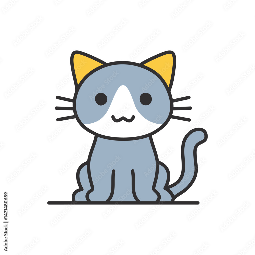 Simple line icon of a cute cat sitting with big round eyes, small ears, and a curved tail Simple line icon of a cute cat sitting with big round eyes, small ears, and a curved tail