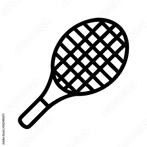 Tennis Racket Icon: Minimalist black-and-white illustration of a tennis racket, representing sport, leisure, and the game.