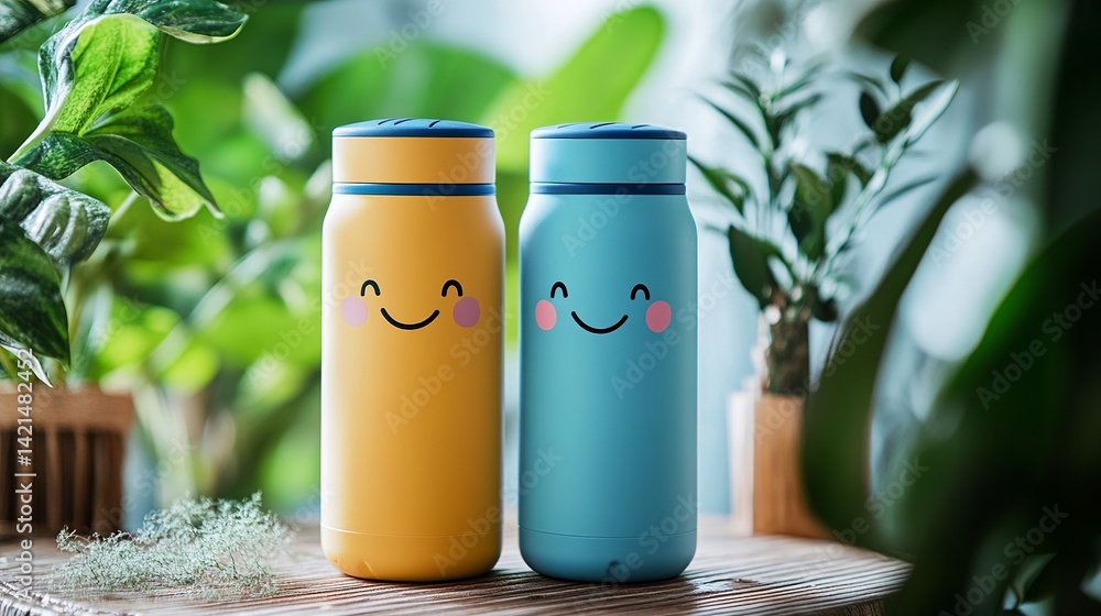 Two cute smiling thermos bottles yellow and blue happy design mug tea hot fun home cold flask steel Two cute smiling thermos bottles yellow and blue happy design mug tea hot fun home cold flask steel