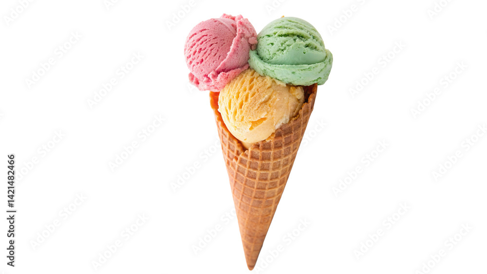Ice cream cone with three scoops isolated on transparent background Ice cream cone with three scoops isolated on transparent background
