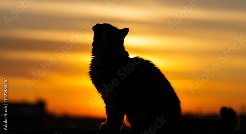 Majestic Cat Silhouette at Sunset Golden Hour Feline Animal Outdoor Scene