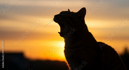 Majestic Cat Silhouette Yawning at Sunset Golden Hour Feline Profile