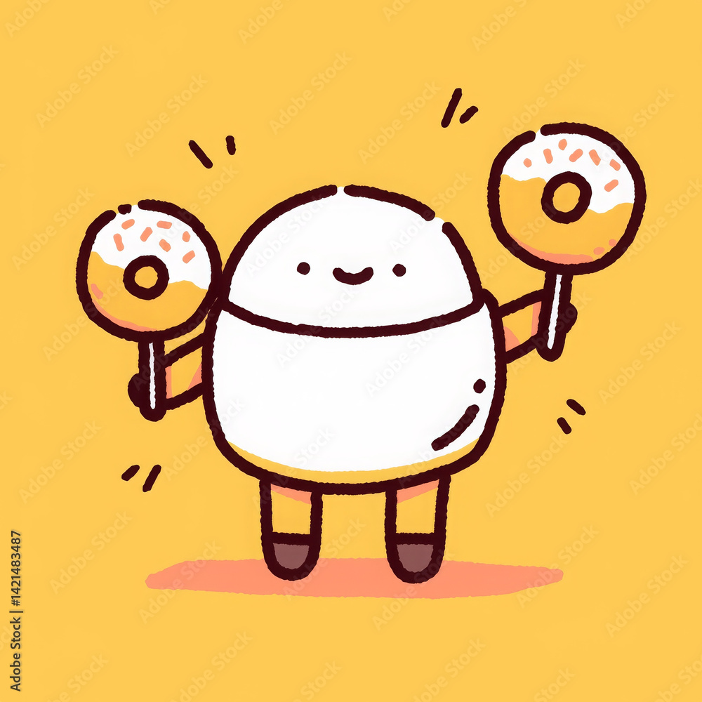 Naklejka premium Cute cartoon character holding donuts, cheerful and fun, perfect for children themes