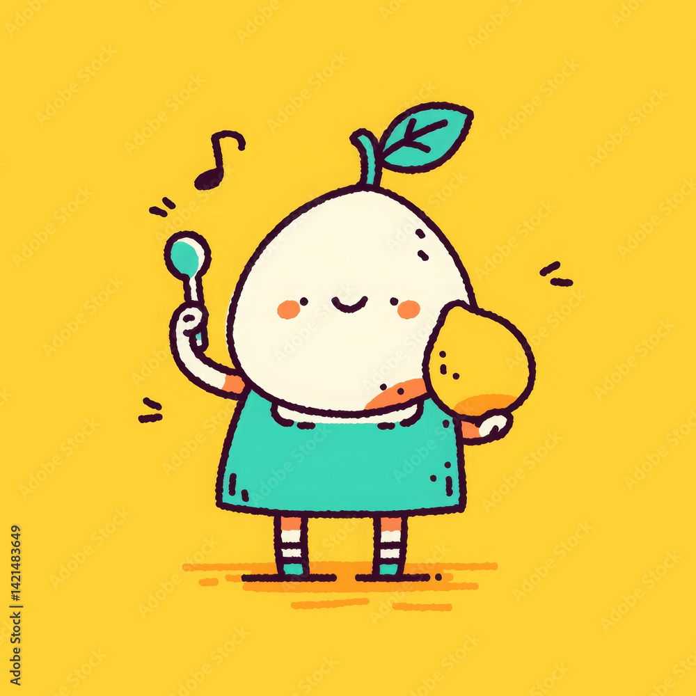 Cute cartoon character holding lemon and spoon, smiling joyfully Cute cartoon character holding lemon and spoon, smiling joyfully