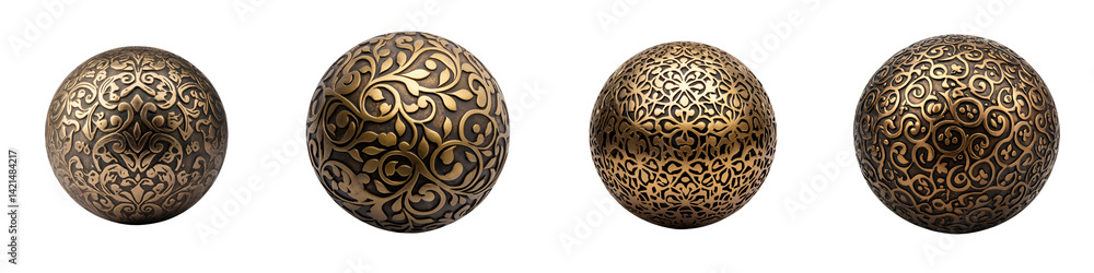 Four ornate metallic spheres with intricate decorative patterns Four ornate metallic spheres with intricate decorative patterns