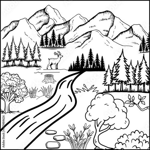 Printable coloring page summer concept. Coloring book activity. Outline vector illustration. Black and white line nature landscape, forest, tree, mountain. Coloring book for adult and kids.