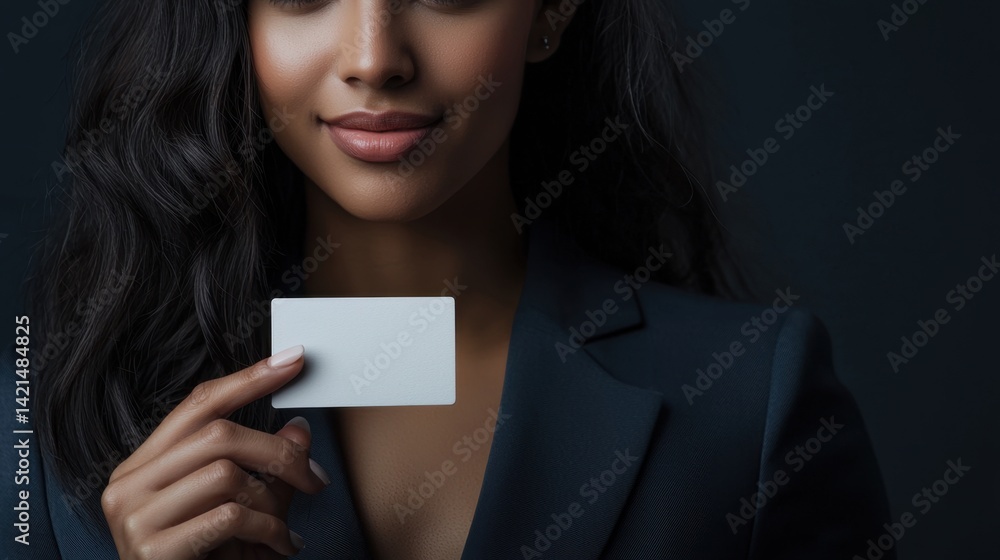 Professional woman holding a blank card with a confident smile in a dark studio setting Professional woman holding a blank card with a confident smile in a dark studio setting