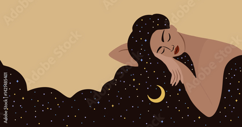 sleeping girl with long hair. woman dreaming in night sky and stars. vector illustration