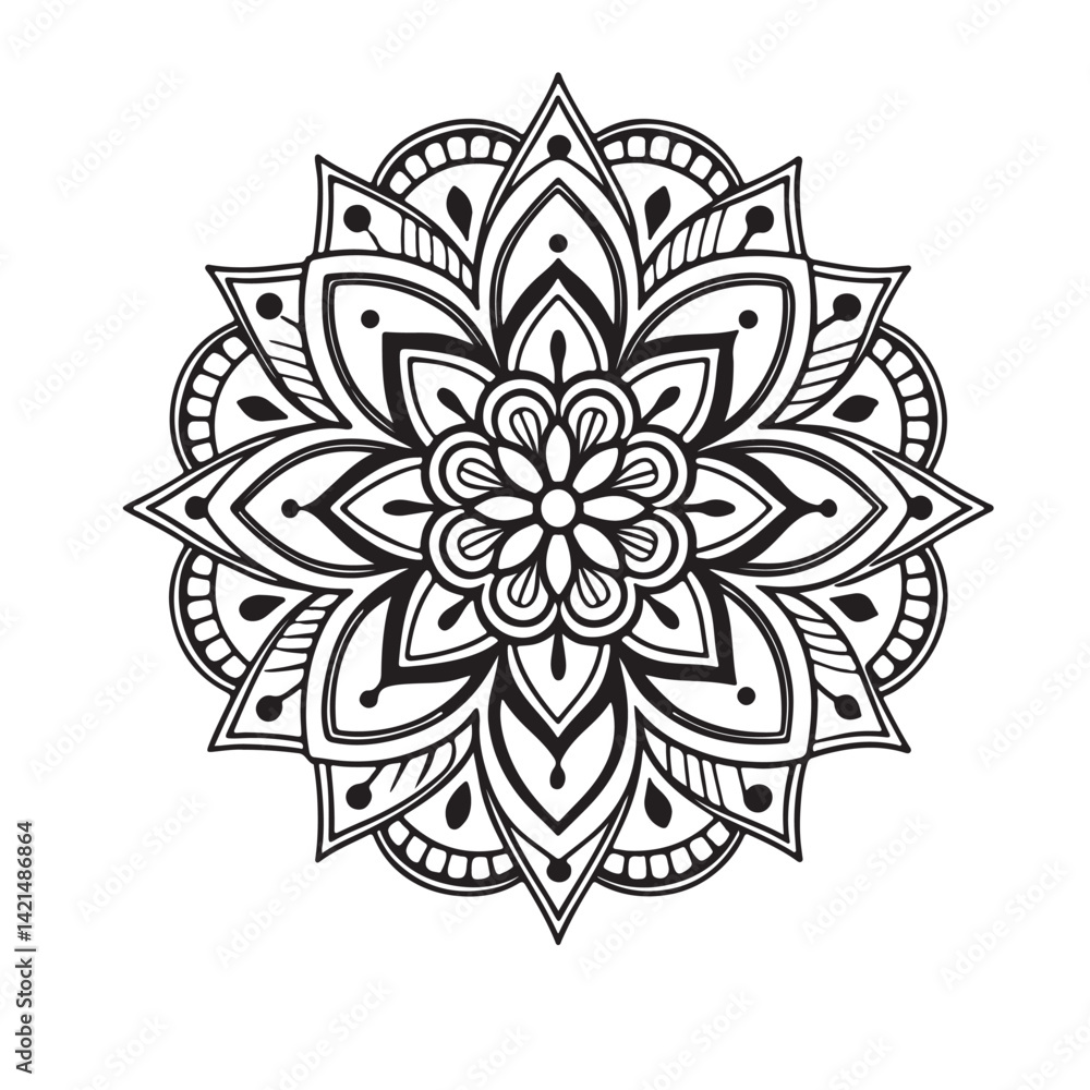 Intricate Mandala Design Symmetrical Floral Pattern in Black and White Line Art Intricate Mandala Design Symmetrical Floral Pattern in Black and White Line Art