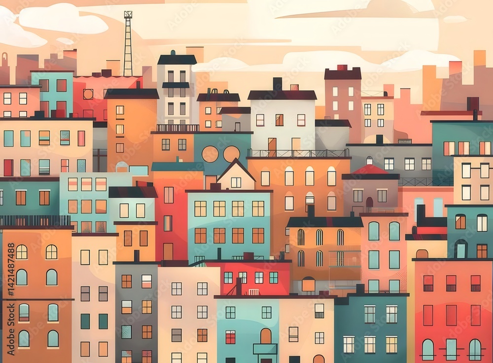 カラフルな街並みのイラスト デジタルアート スカイライン 建物と家の背景 カラフルな街並みのイラスト デジタルアート スカイライン 建物と家の背景
