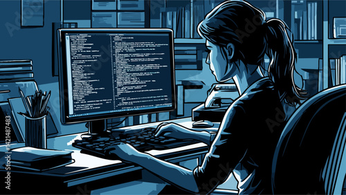 Women software engineers coding in a modern business office