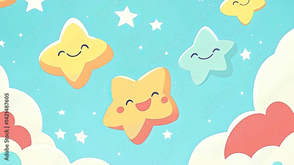 Adorable Happy Stars Floating in a Dreamy Sky: A Cute Cartoon Illustration Featuring Smiling Stars and Fluffy Clouds Adorable Happy Stars Floating in a Dreamy Sky: A Cute Cartoon Illustration Featuring Smiling Stars and Fluffy Clouds