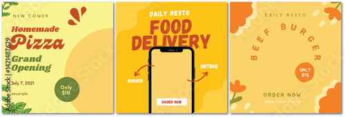 Eye-catching Culinary Trio: Pizza, Delivery App, and Beef Burger Delight