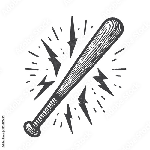 Vintage Hand-Drawn Baseball Bat with Lightning Effect Illustration – Dynamic Sports Engraved Style Vector for T-Shirts, Posters, Stickers, and High-Energy Game Themes Apparel
