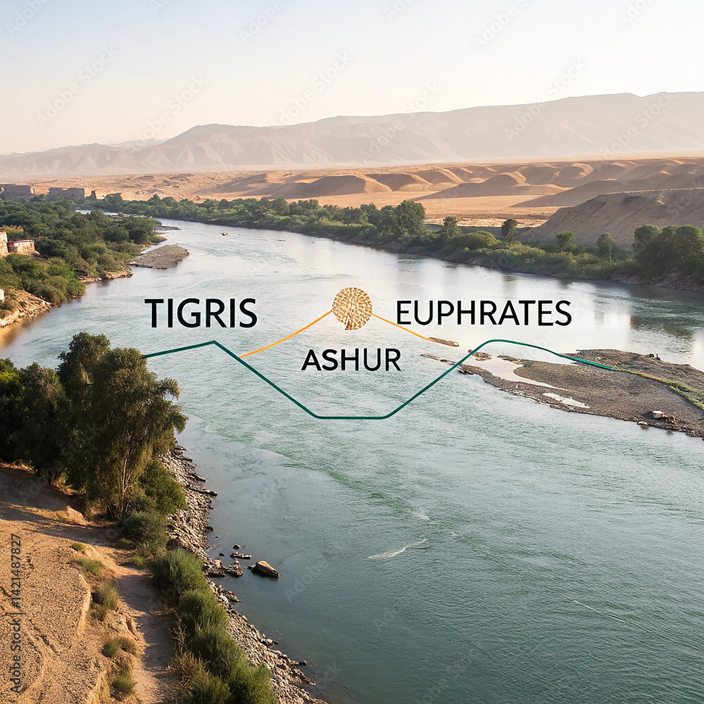 Fototapeta premium Tigris and Euphrates Rivers with Ashur Region Label on Middle Eastern Landscape